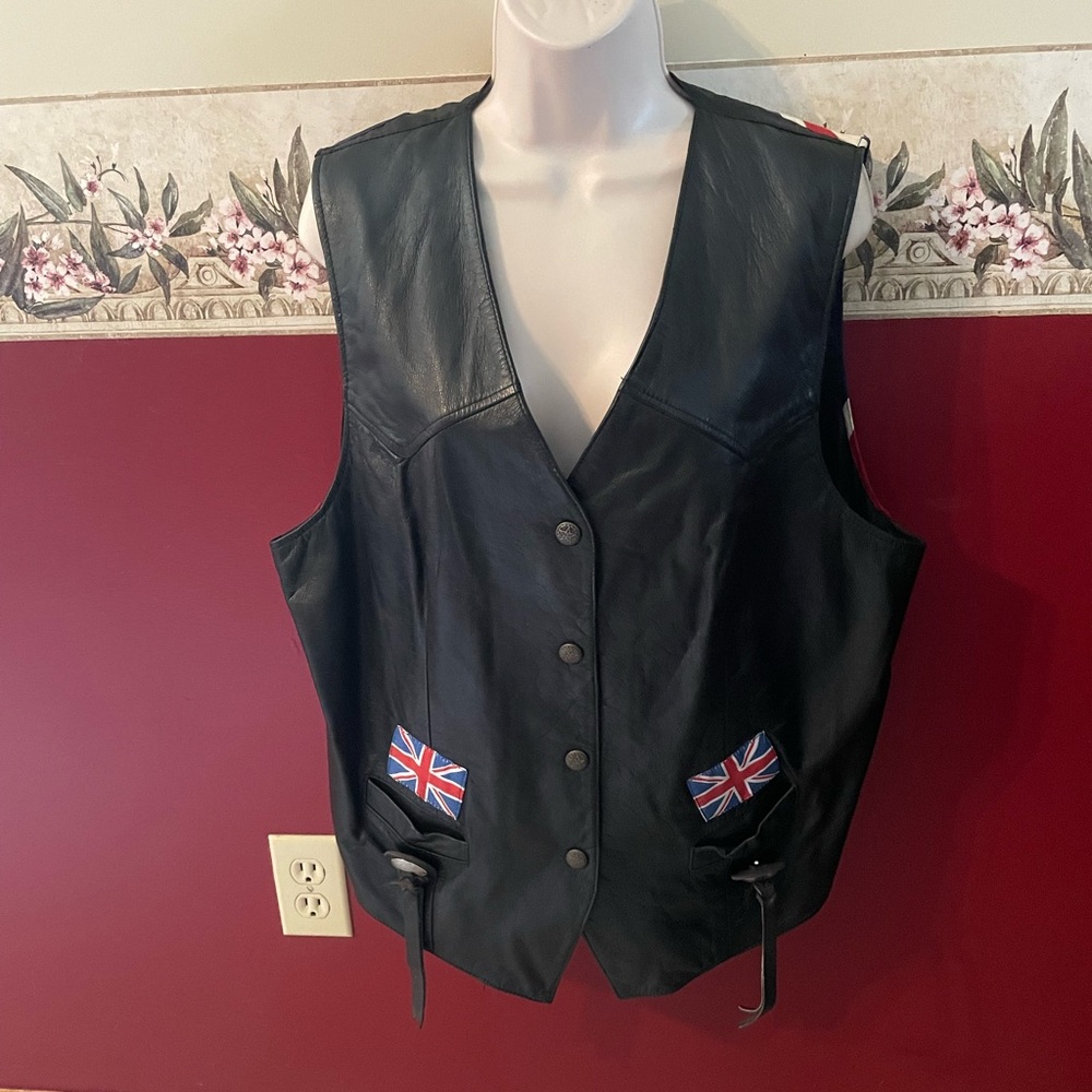 Classic Black Leather Women's Vest with Union Jack Accent